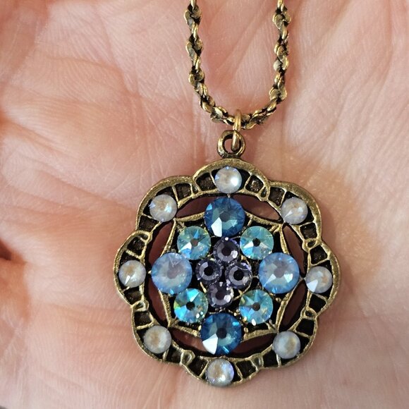 VTG‎ Signed ANNE KOPLIK PENDANT NECKLACE Blue Rhinestone Aqua Teal 18" USA Made - Picture 5 of 11